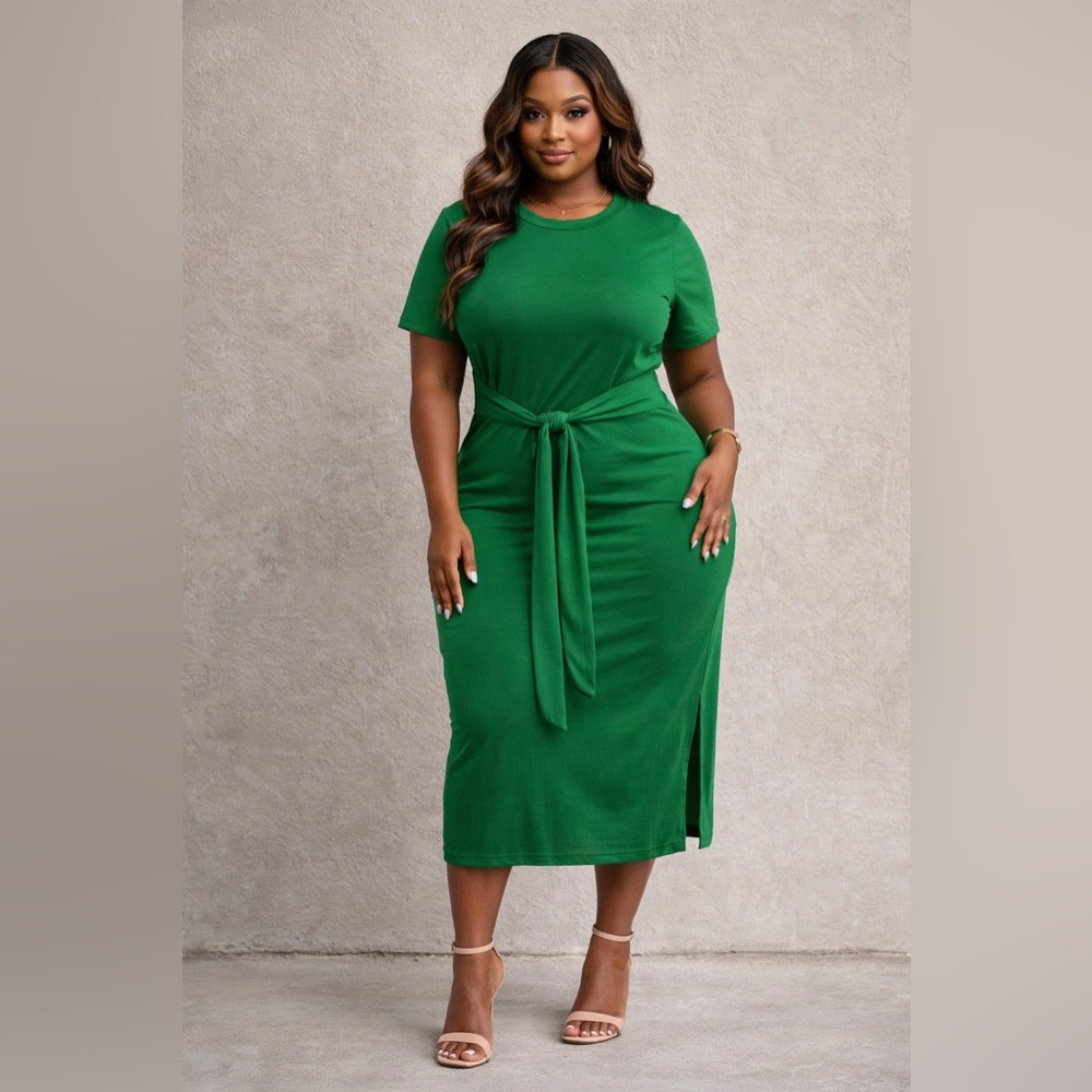 Green Tie-Waist Midi Dress